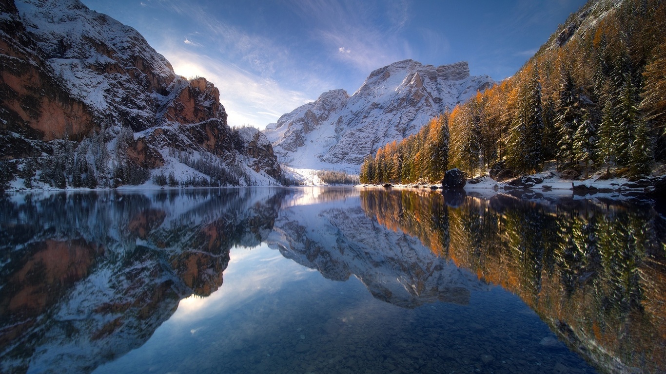 autumn, the sky, reflection, snow, winter, lake, mountain