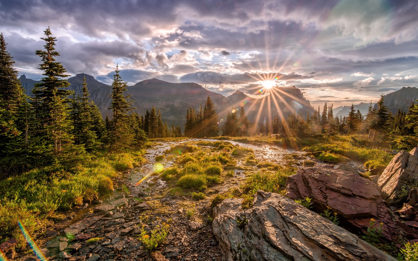 glacier, national park, mountains, trees, stones, sun rays, autumn