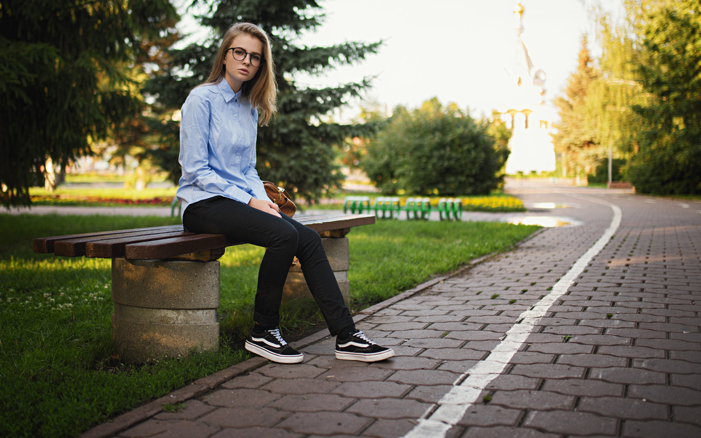 kseniya koval, women, benchs, neakers, sergey fat, jeans, women outdoors, women with glasses, shirt, park, sitting