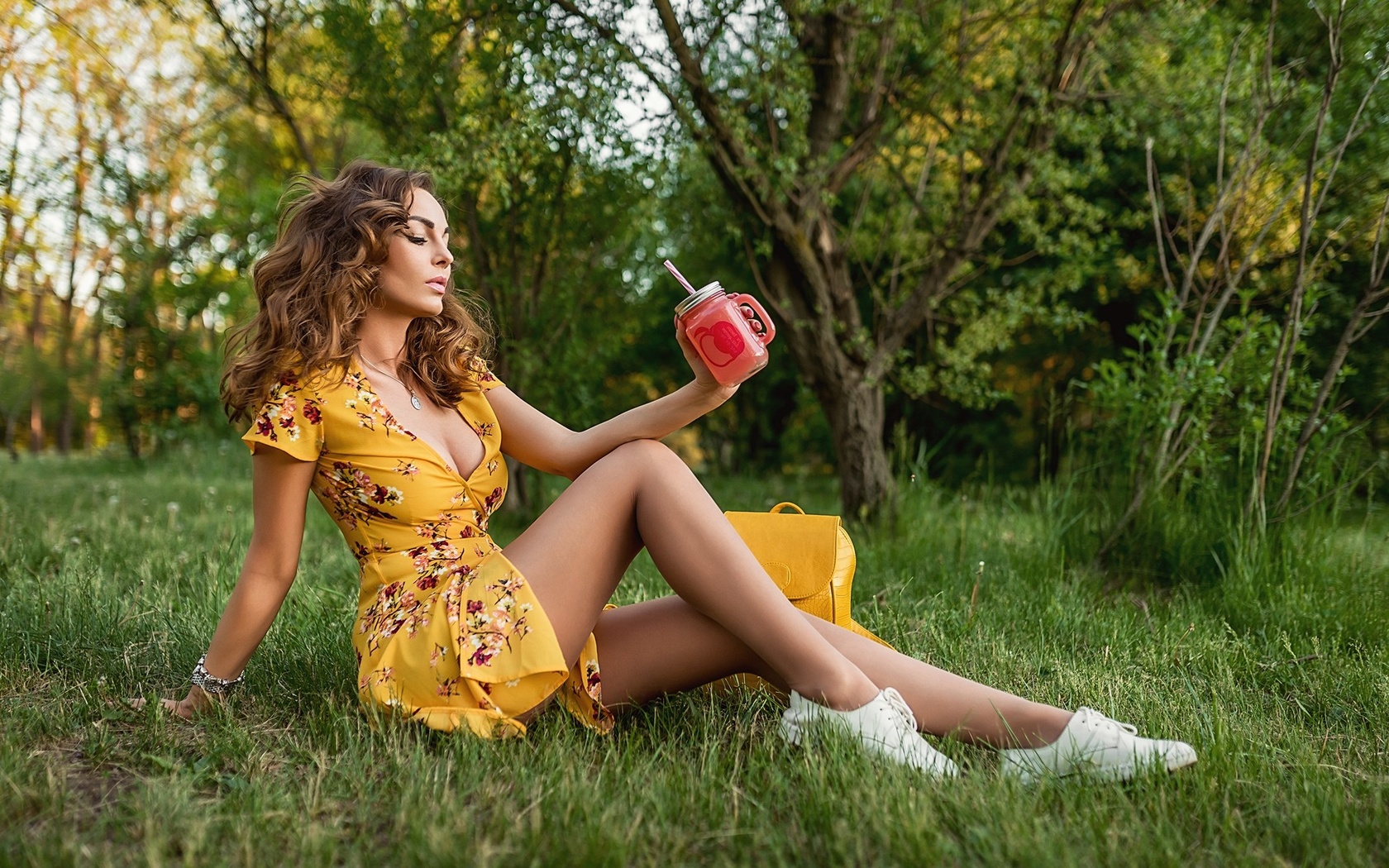 women, yellow dress, trees, tanned, portrait, women outdoors, sneakers, pink lipstick, grass, sitting