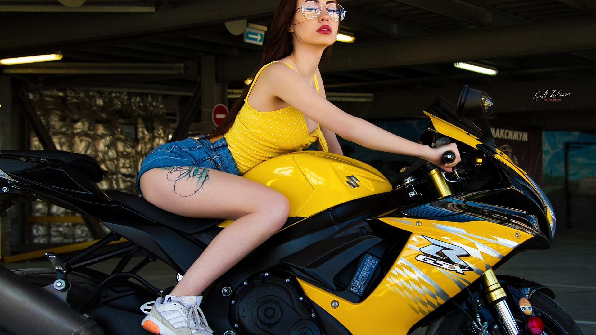 women, sneakers, brunette, women with motorcycles, jean shorts, portrait, sitting, women with glasses, long hair