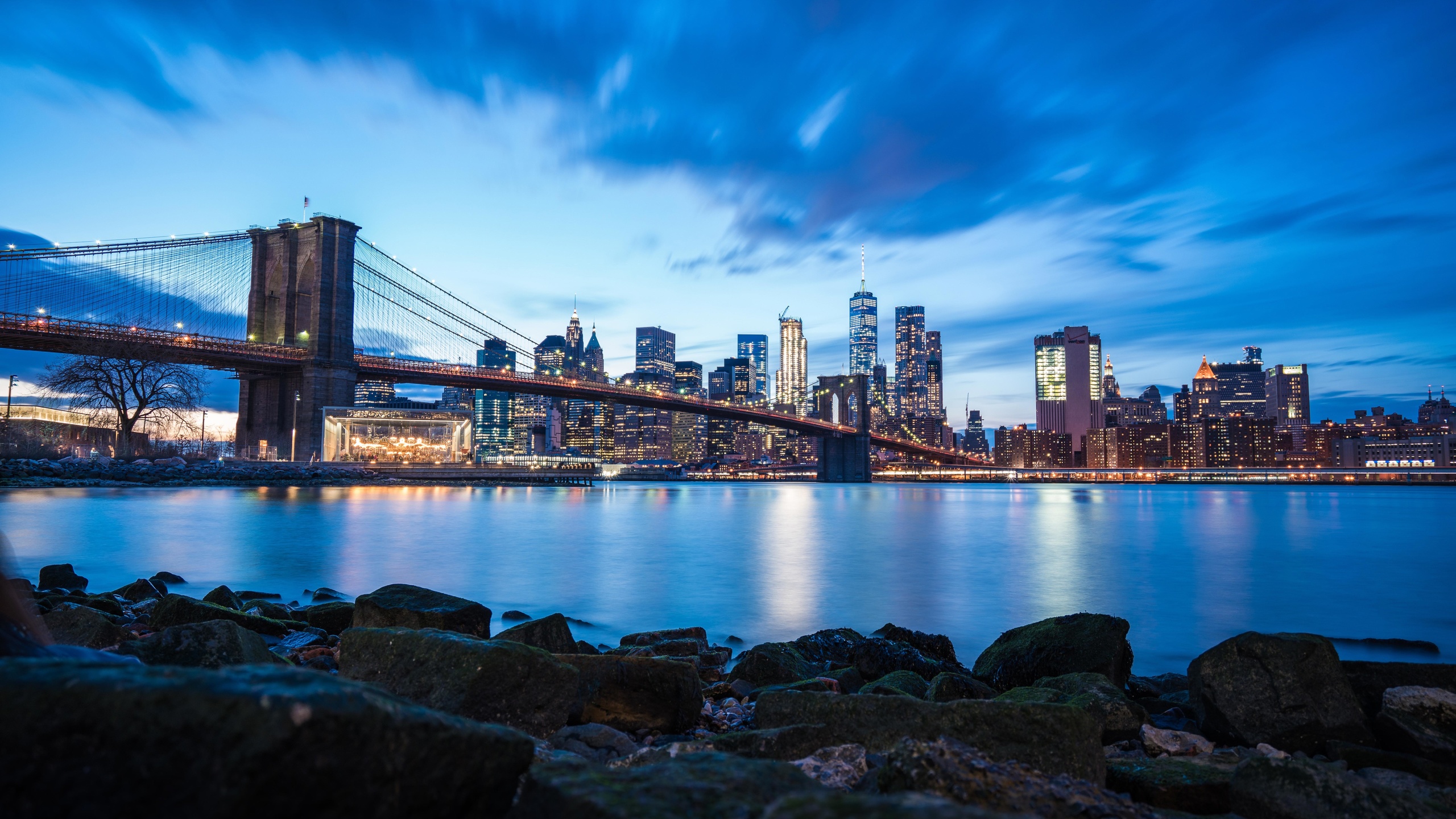 brooklyn, bridge, blue, sky, buildings