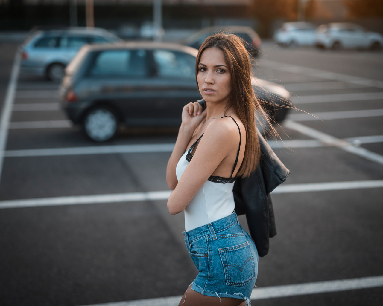 women, portrait, jean shorts, car, women outdoors, parking, brunette, leather jackets