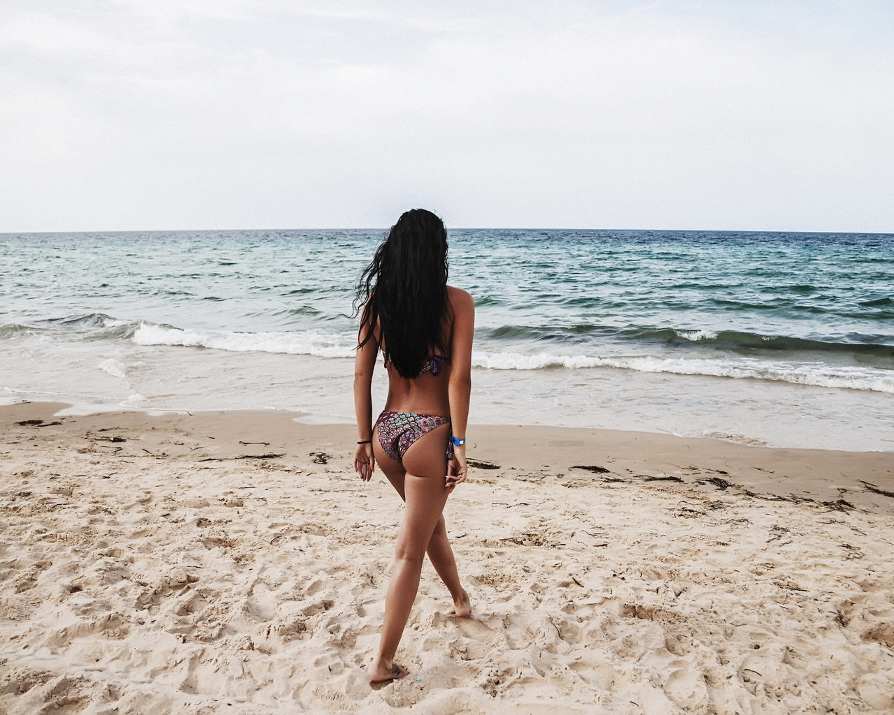 women, sand, tanned, back, sea, women outdoors, beach, ass, black hair, long hair, bikini, denis doronin