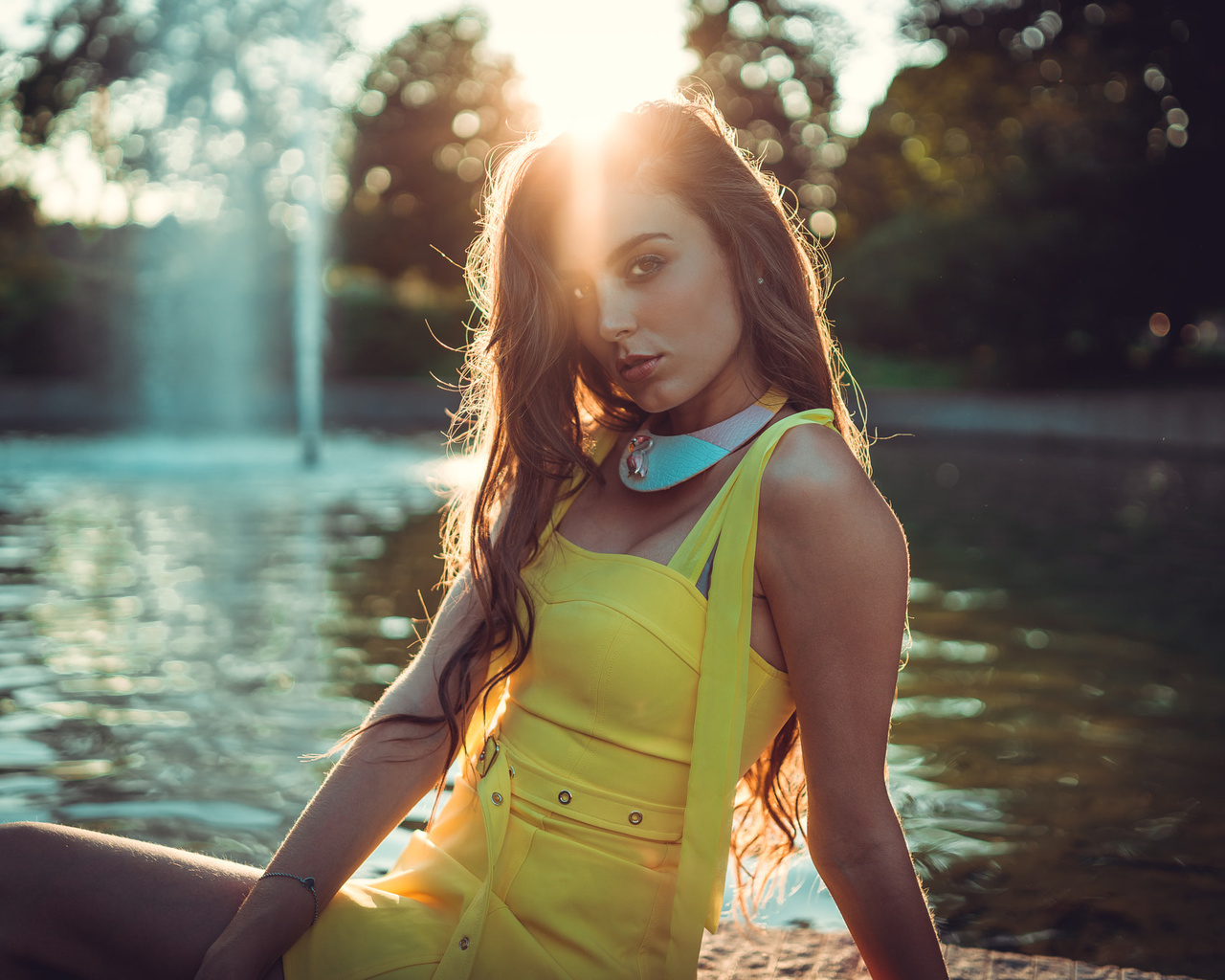 women, blonde, water, bokeh, portrait, yellow dress, women outdoors, long hair, marco squassina