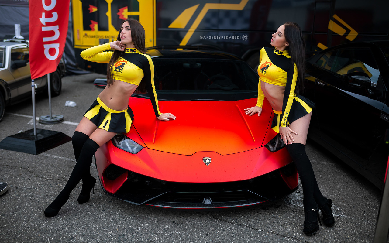 women, lamborghini, belly, tanned, black stockings, long hair, ribs, miniskirt, two women, women with cars, high heels, pink nails, ass, arseniy pekarski