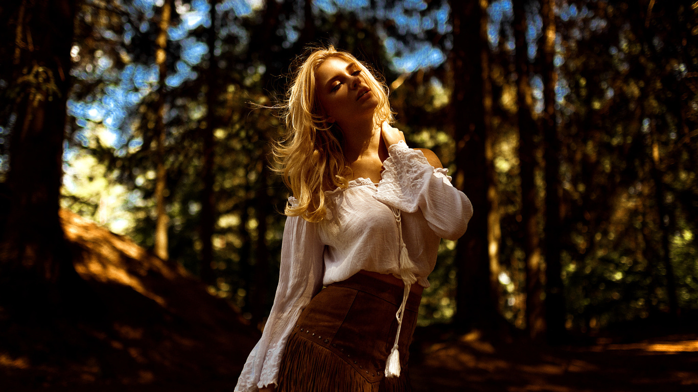 women, carla sonre, blonde, trees, miro hofmann, women outdoors, closed eyes, depth of field, portrait