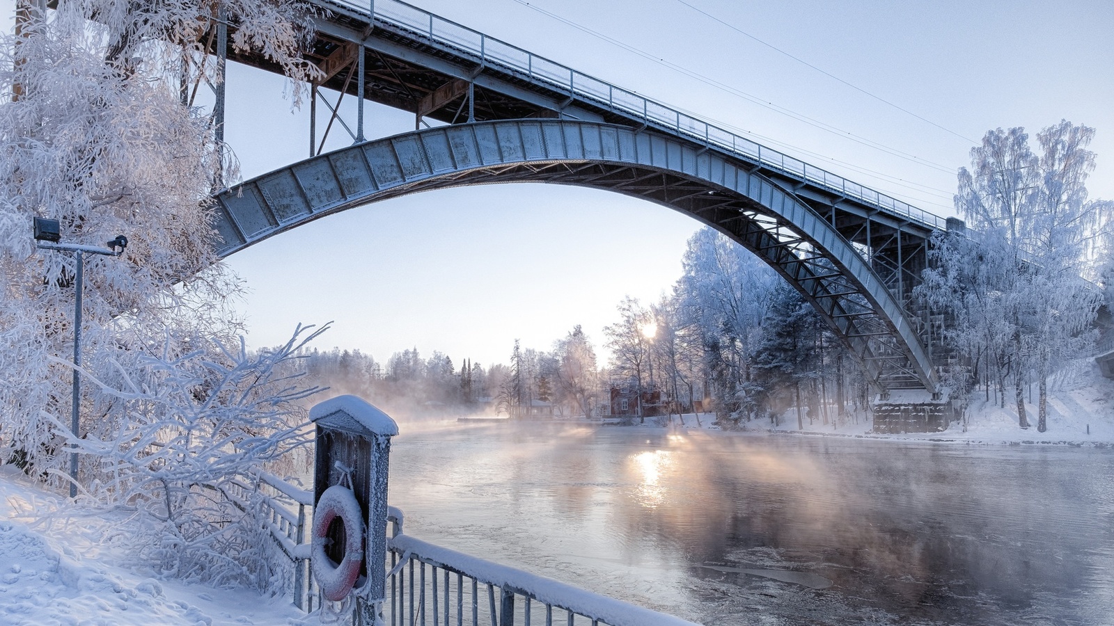 morning, bridge, snow, winter, arch, river