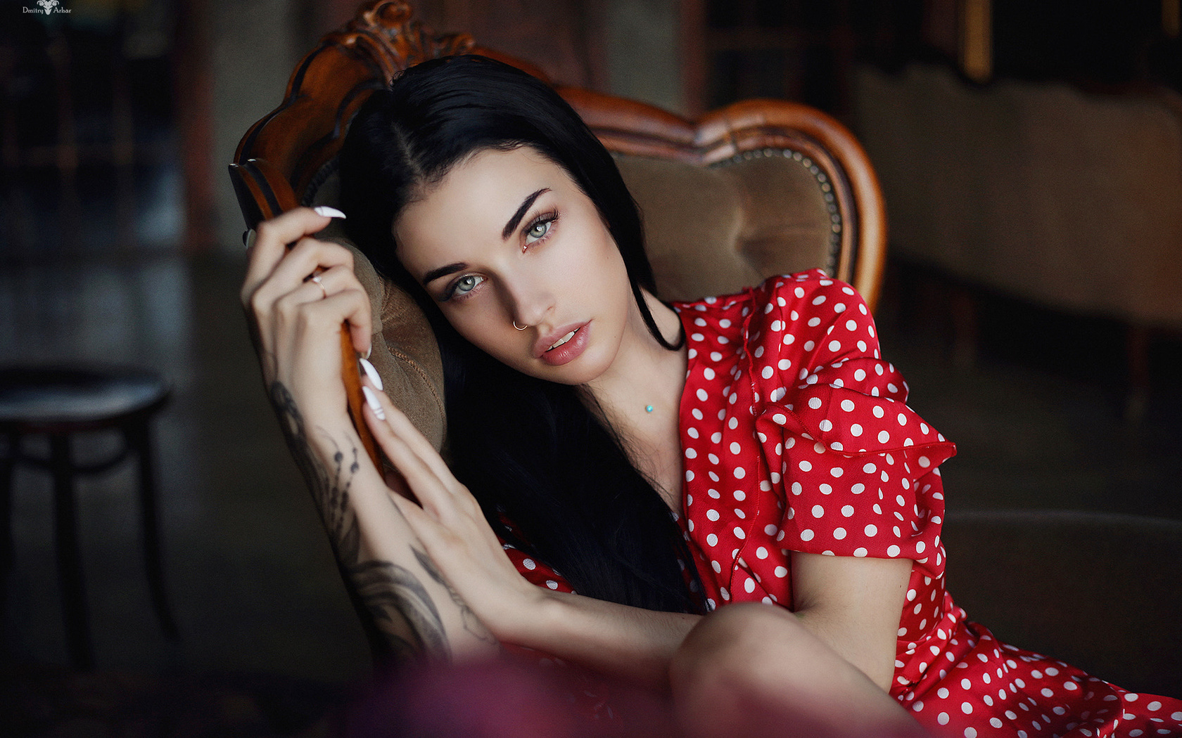 women, dmitry arhar, alla berger, polka dots, red dress, nose ring, tattoo, portrait, sitting,  