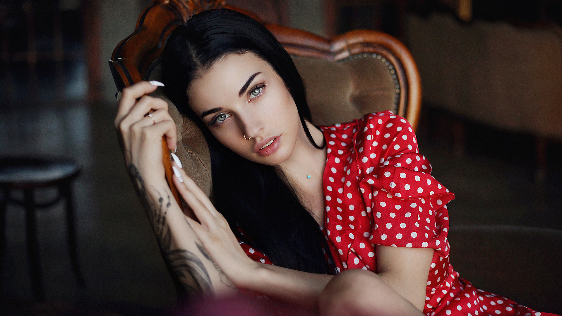 women, dmitry arhar, alla berger, polka dots, red dress, nose ring, tattoo, portrait, sitting,  