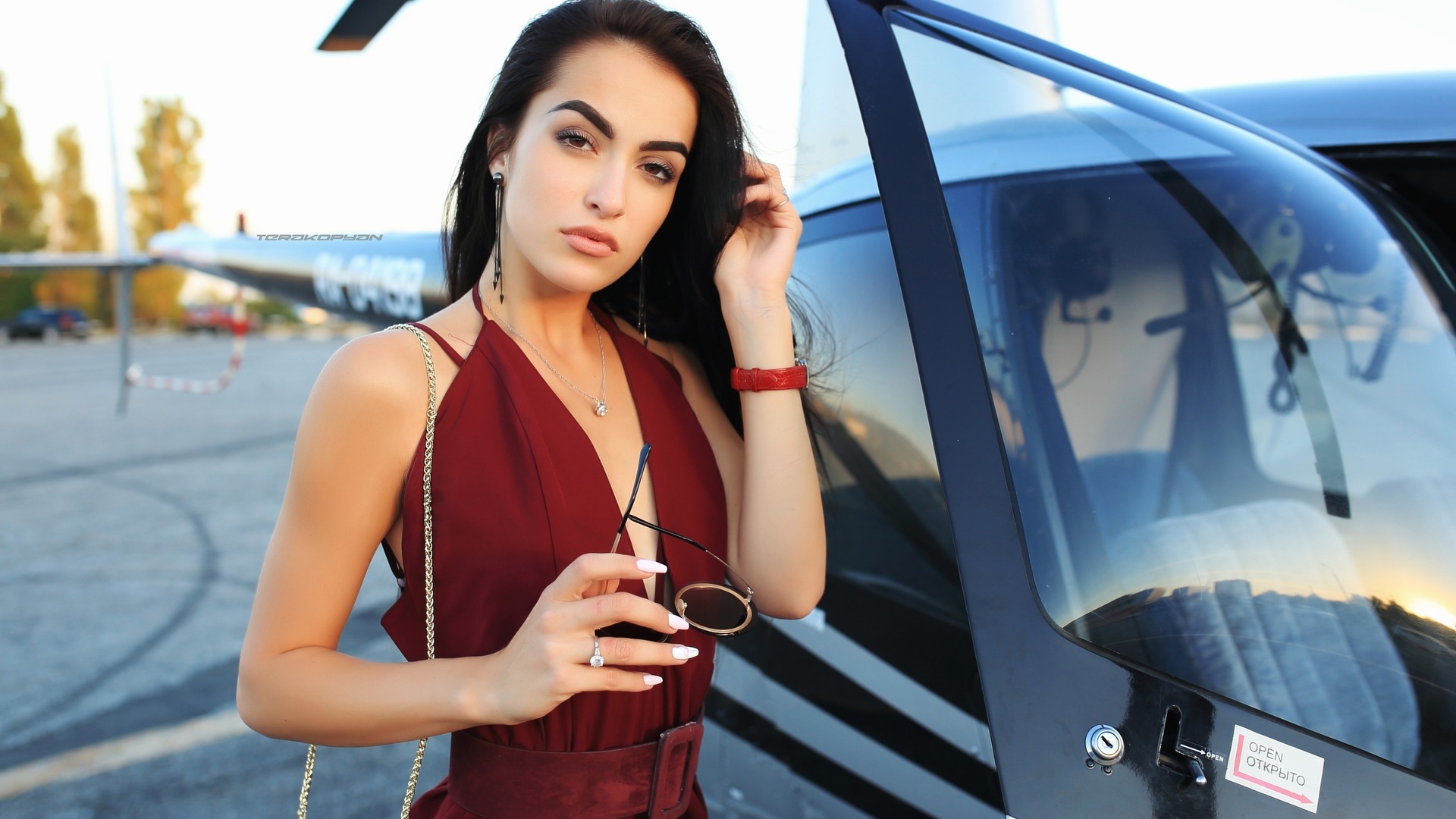 women, red dress, portrait, helicopter, cleavage, necklace, sunglasses, brunette, painted nails, belt
