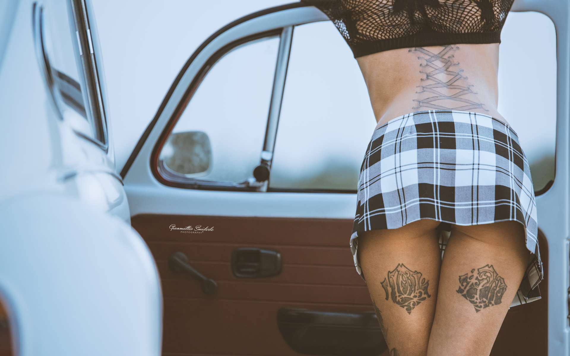 women, tanned, ass, back, skirt, tattoo, women with cars, the gap, black panties