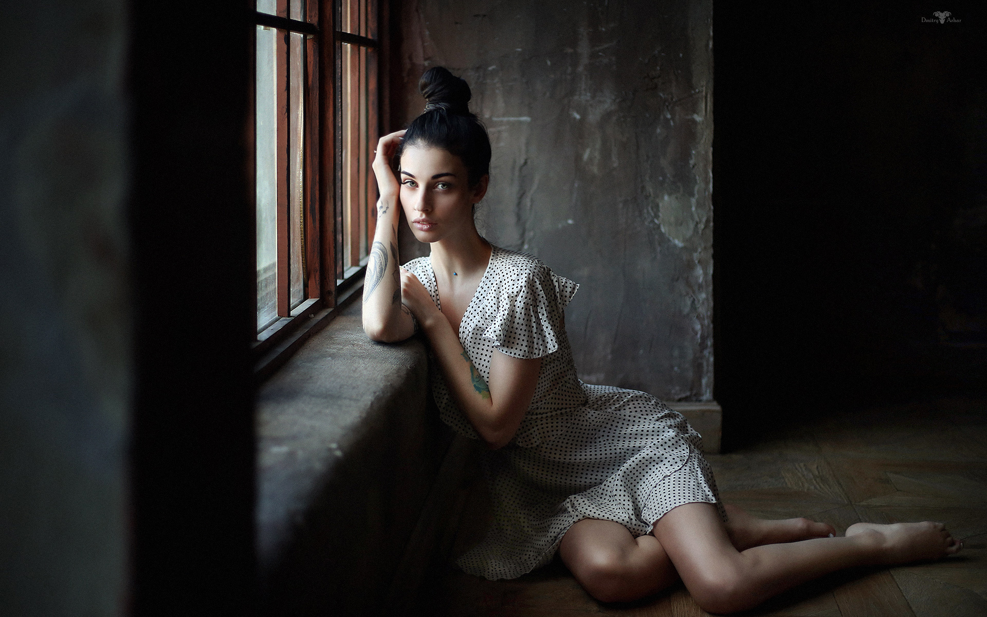 alla berger, women, dmitry arhar, window, dress, sitting, portrait, hairbun, on the floor, tattoo,  