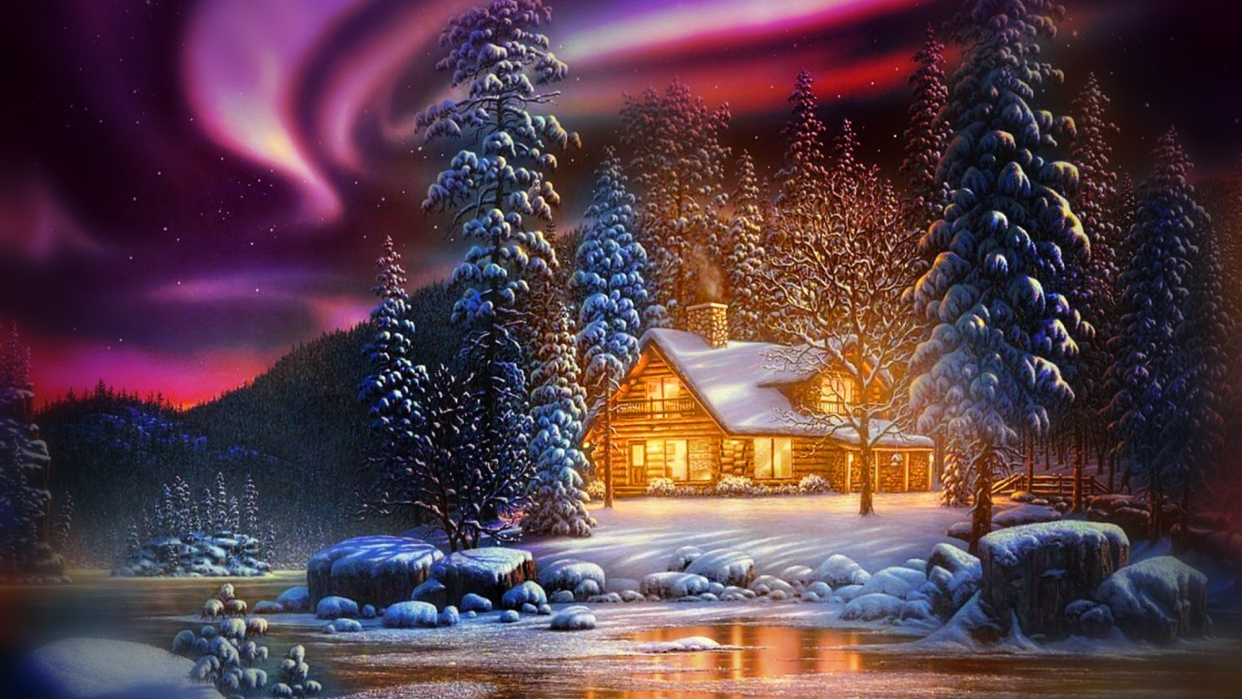 деревянный дом, укутанный теплым светом, стоит возле заснеженного леса и замерзшей реки, а в небе переливается. северное сияние, художник ким норлиен, обои для рабочего стола