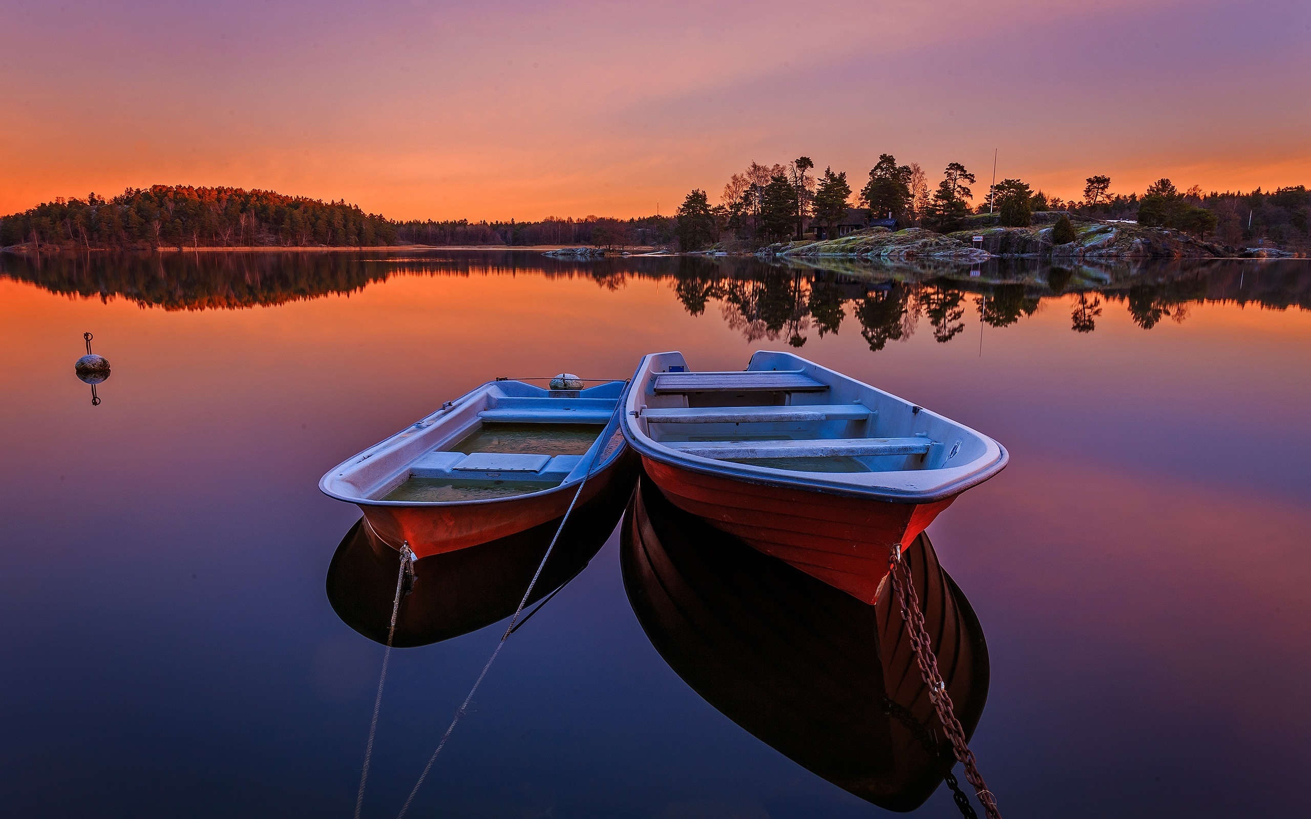 sunset, forest, river, sweden, trees, the evening, boats