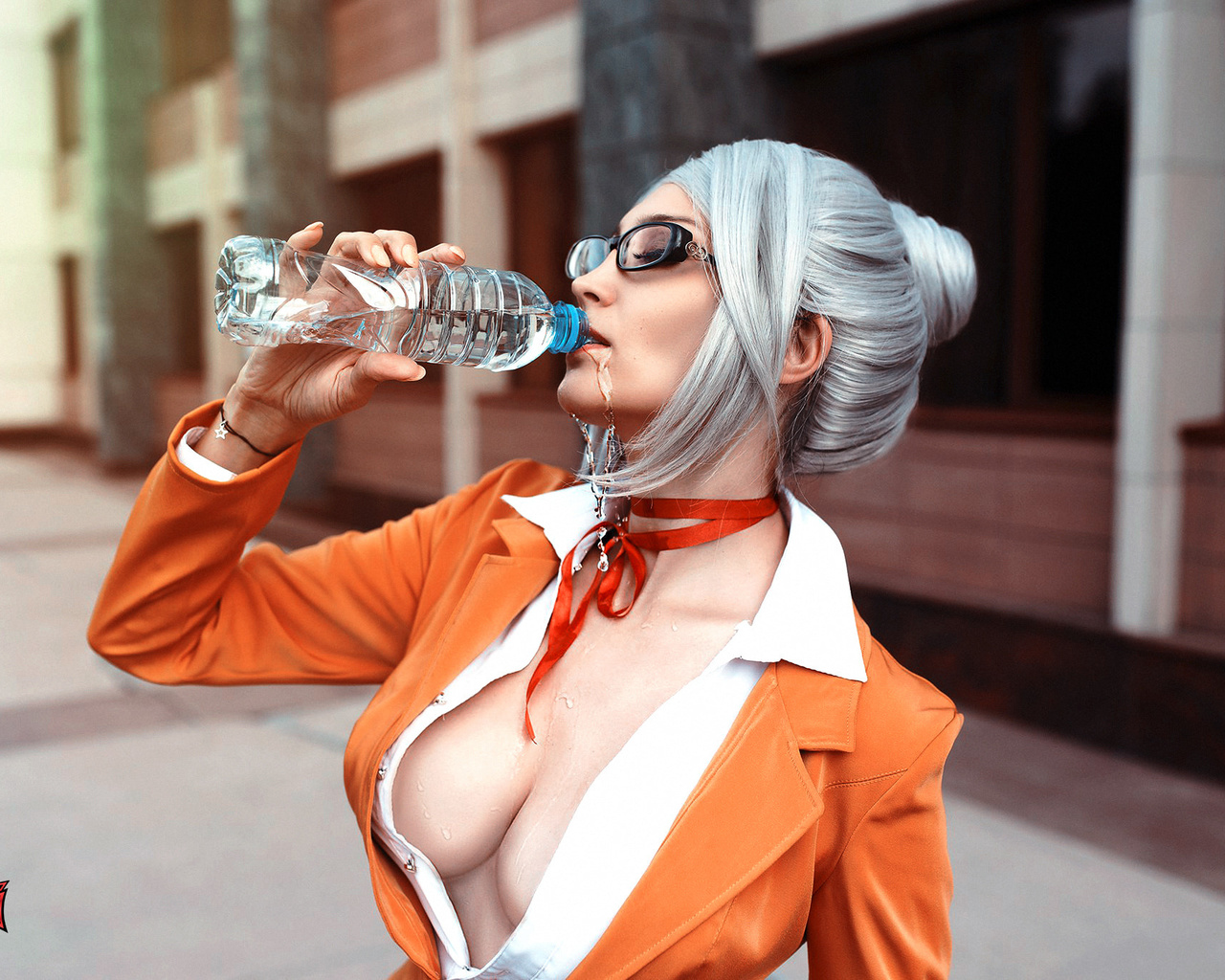 women, portrait, water, boobs, water drops, bottles, closed eyes, women with glasses, cosplay