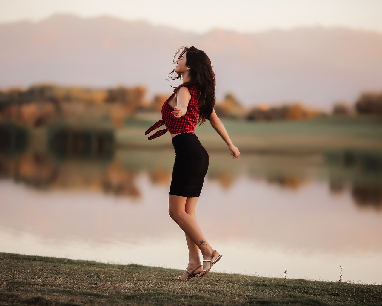 women, model, skirt, smiling, closed eyes, tattoo, river, sandals, david olkarny, aurela skandaj