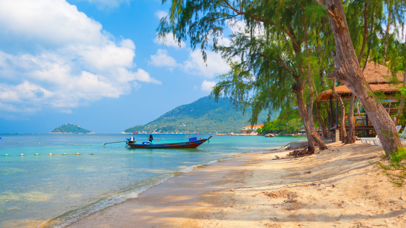 sand, sea, sky, clouds, trees, landscape, nature, boats, thailand