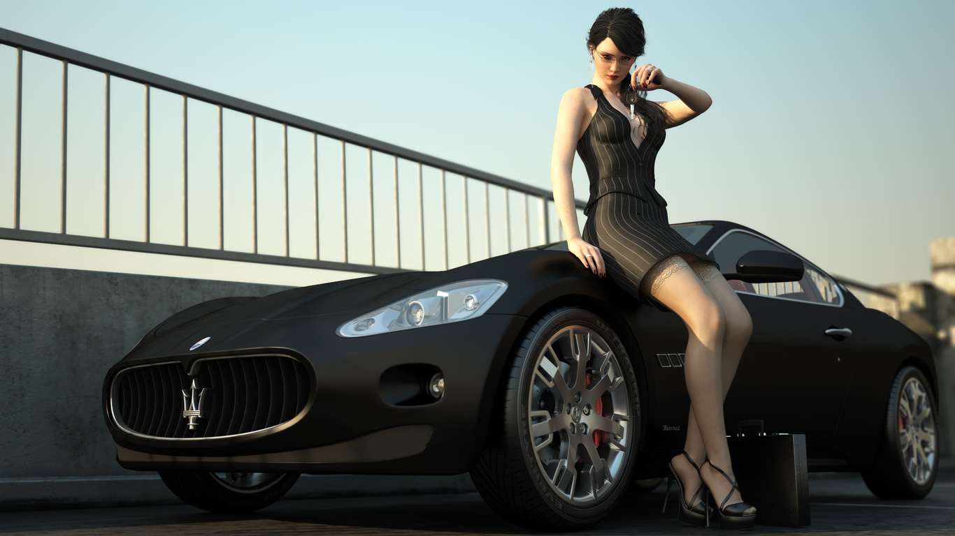 machine, girl, maserati, stockings, dress, keys, case