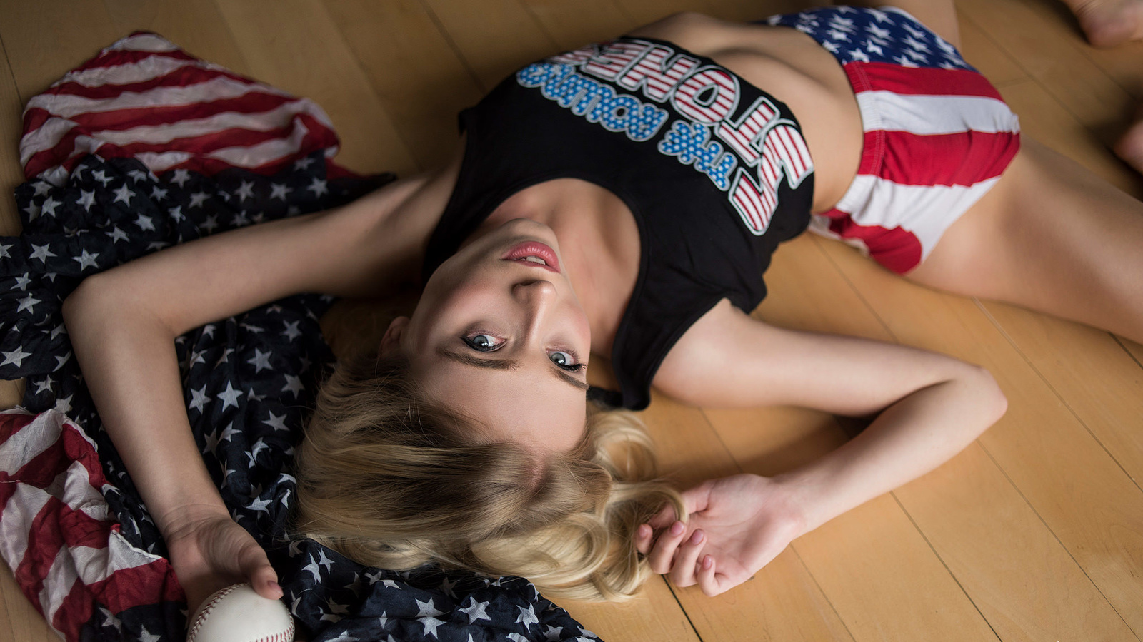 women, jack russell, short shorts, brunette, lying on back, on the floor, blonde, armpits, baseball, flag