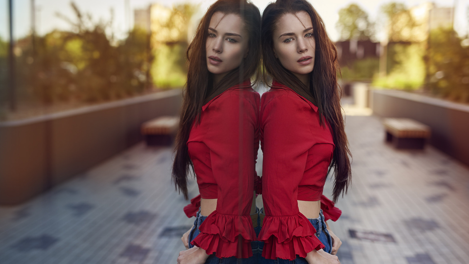 women, portrait, glass, reflection, torn jeans, long hair