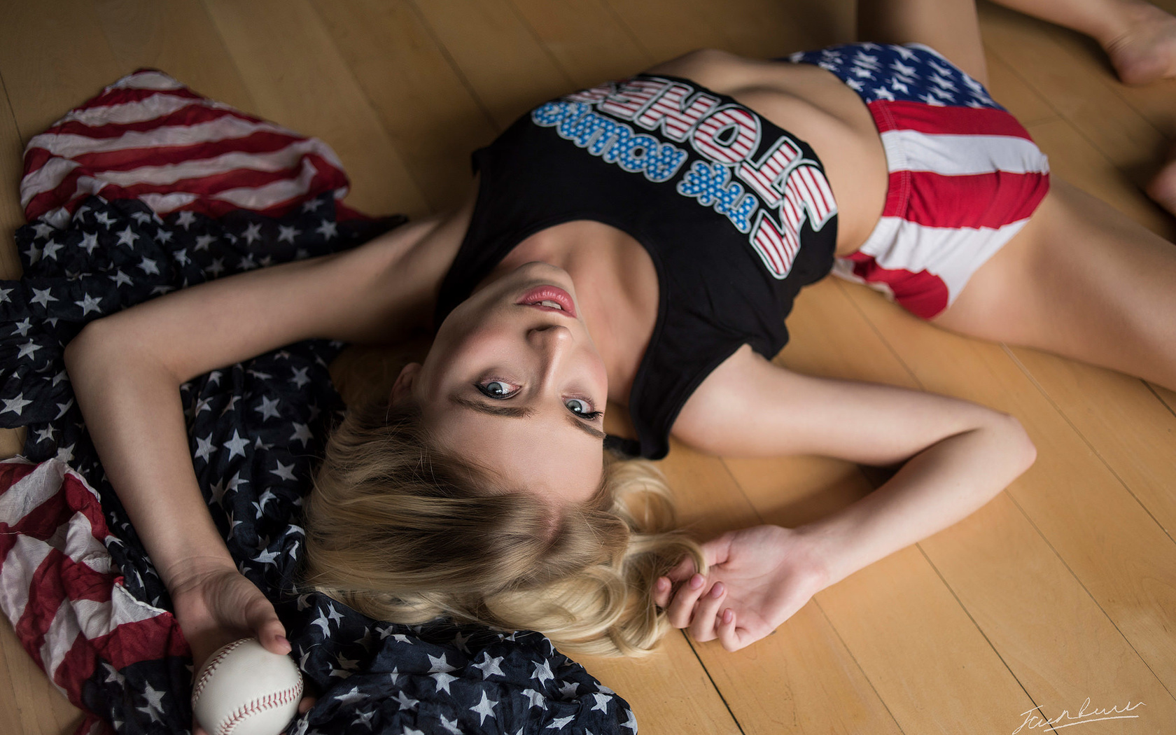 women, jack russell, short shorts, brunette, lying on back, on the floor, blonde, armpits, baseball, flag