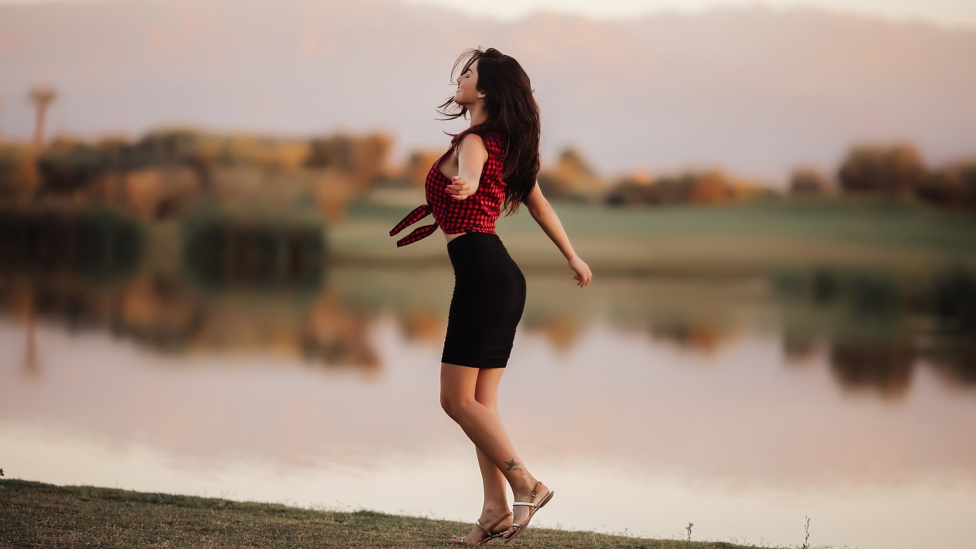 women, model, skirt, smiling, closed eyes, tattoo, river, sandals, david olkarny, aurela skandaj