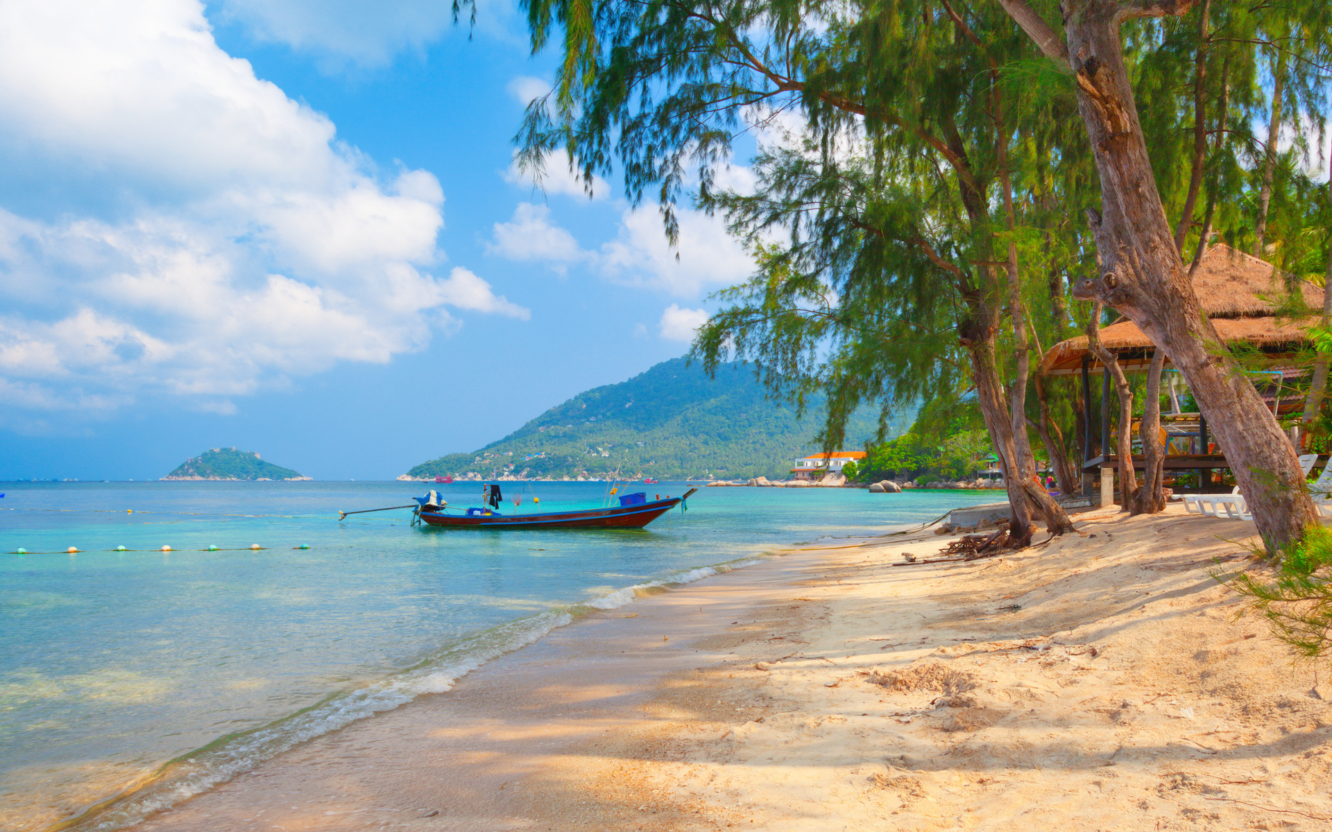 sand, sea, sky, clouds, trees, landscape, nature, boats, thailand