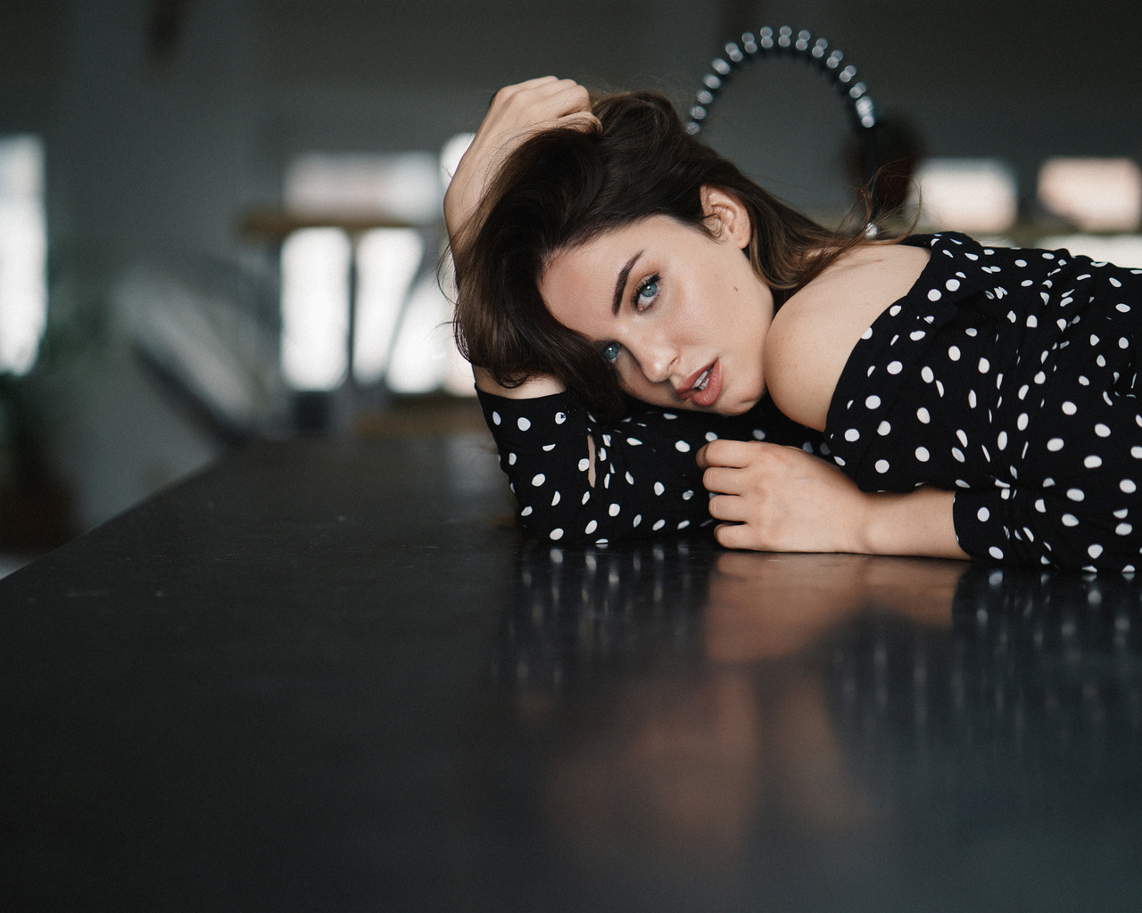 women, aurela skandaj, portrait, gray eyes, polka dots