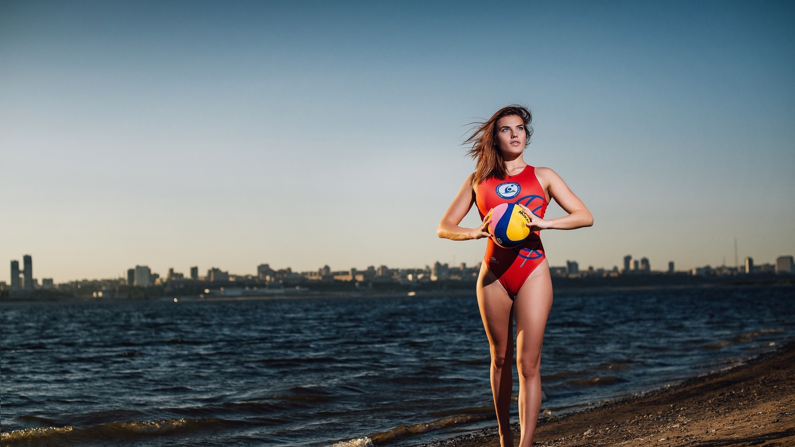 women, one-piece swimsuit, beach, sea, ball, portrait, tan lines, the gap