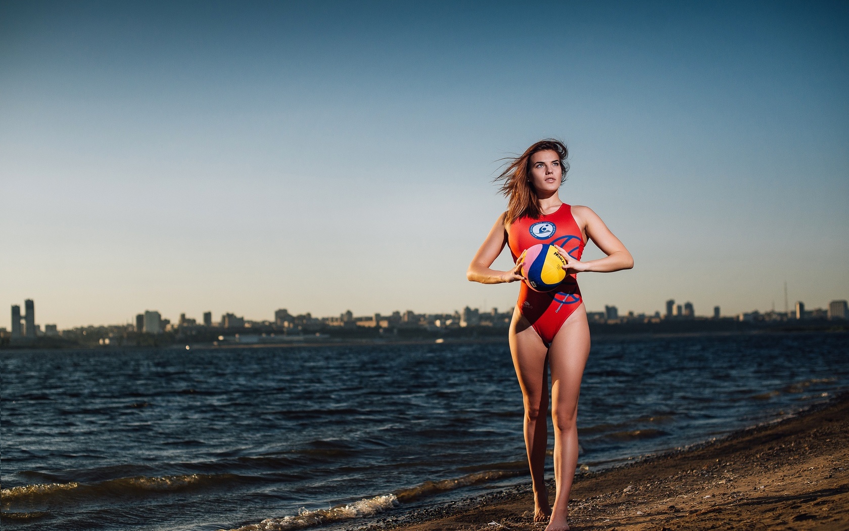 women, one-piece swimsuit, beach, sea, ball, portrait, tan lines, the gap