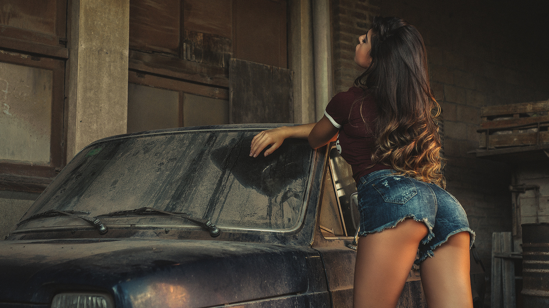 women, tanned, jean shorts, ass, women with cars, t-shirt, closed eyes, stockings, long hair