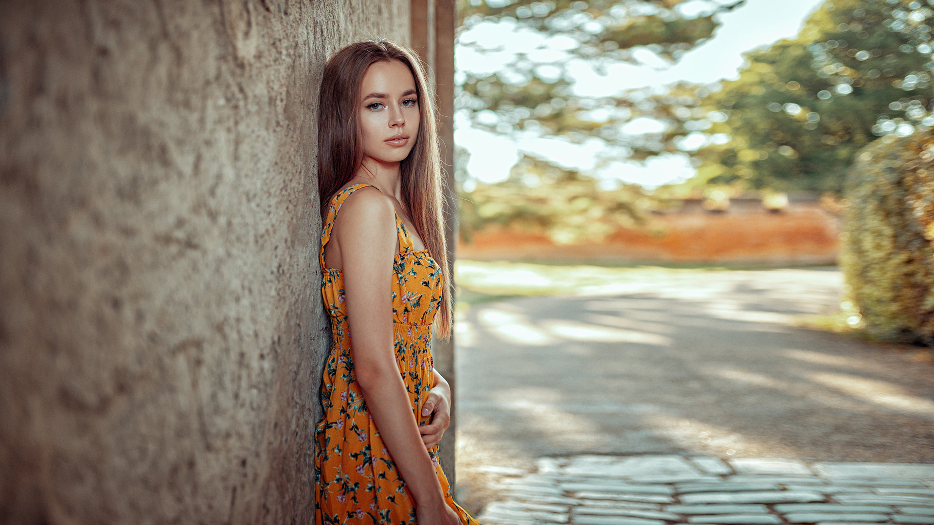 women, portrait, dress, wall, brunette, yellow dress, oliver gibbs