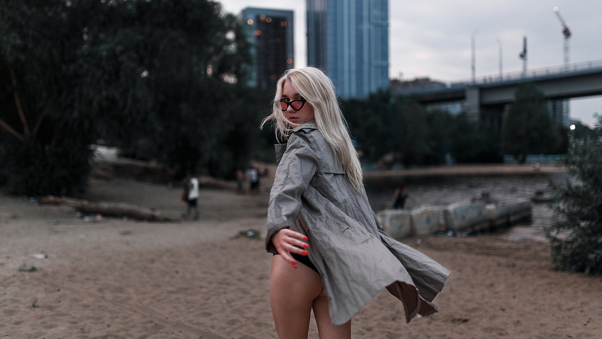 women, blonde, sand, red nails, ass, women with glasses, building, bridge, one-piece swimsuit, women outdoors
