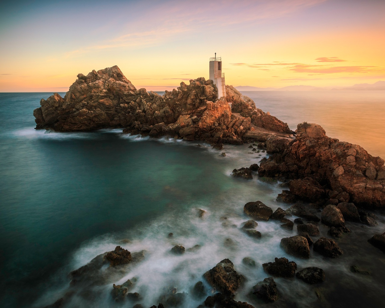 sea, wave, the sky, clouds, sunset, stones, rocks, dawn, shore, lighthouse, the evening, morning, surf, island, cape