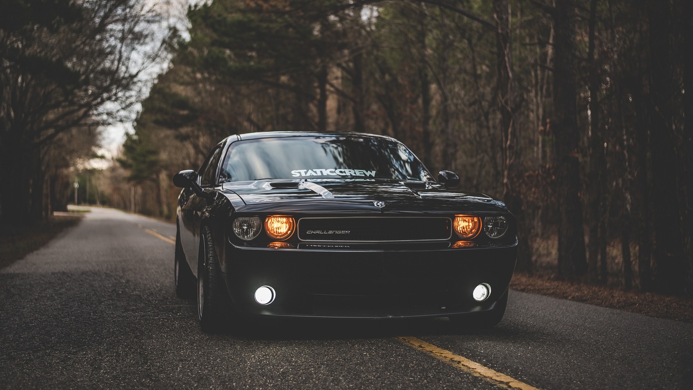 dodge, challenger, front view, black sports coupe