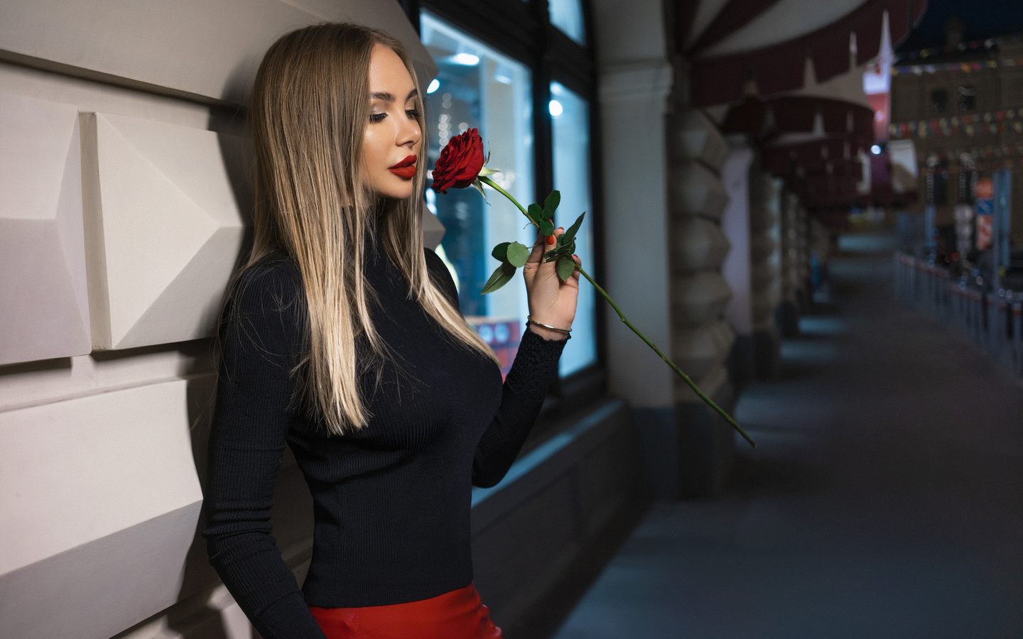 women, blonde, rose, portrait, ivan gorokhov, red nails, red lipstick