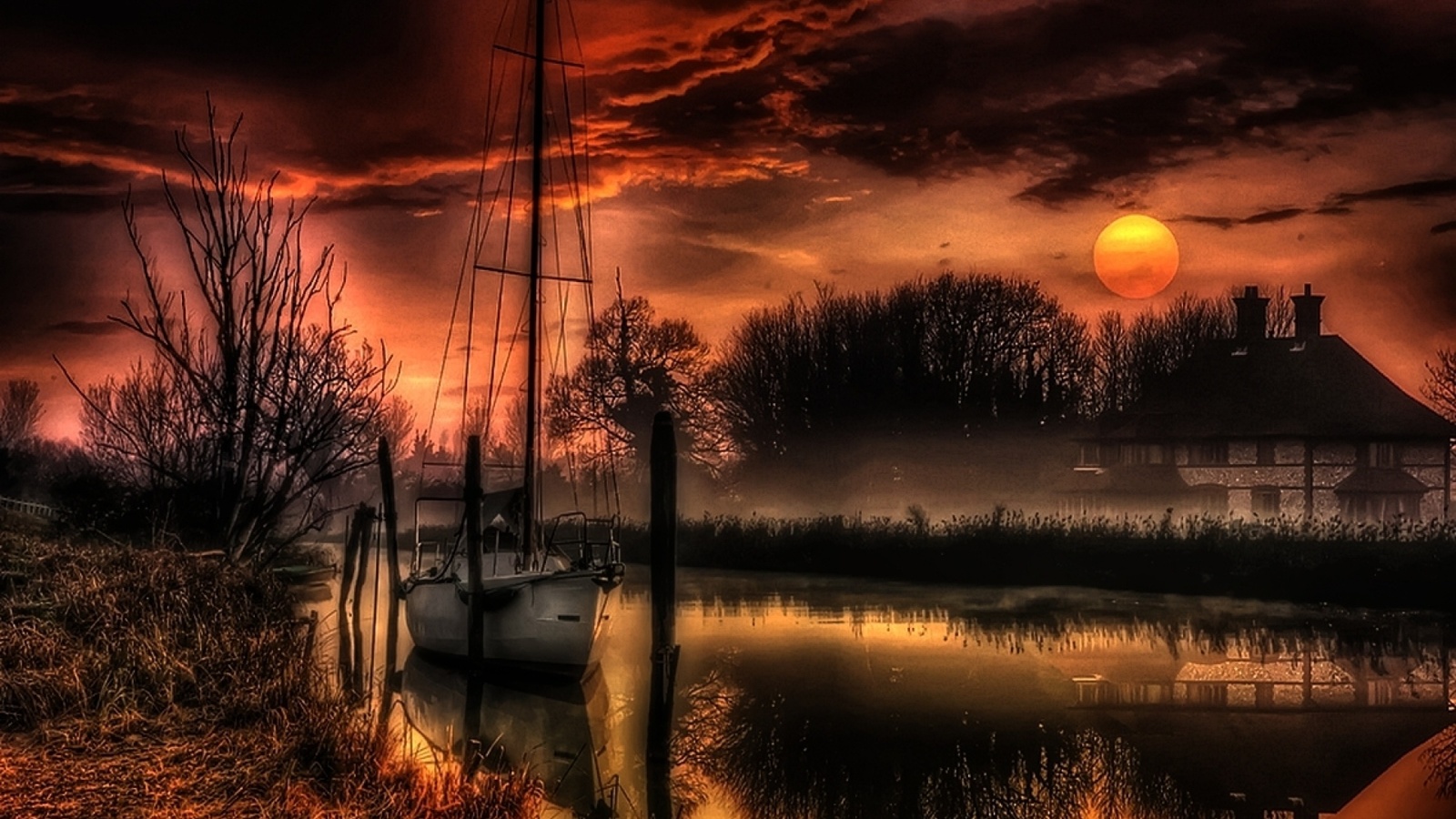 landscape, nature, house, river, the moon, the evening, yacht, hdr