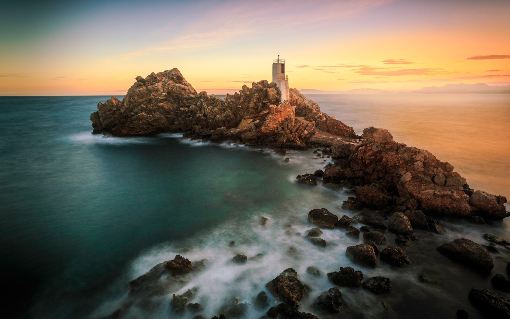 sea, wave, the sky, clouds, sunset, stones, rocks, dawn, shore, lighthouse, the evening, morning, surf, island, cape