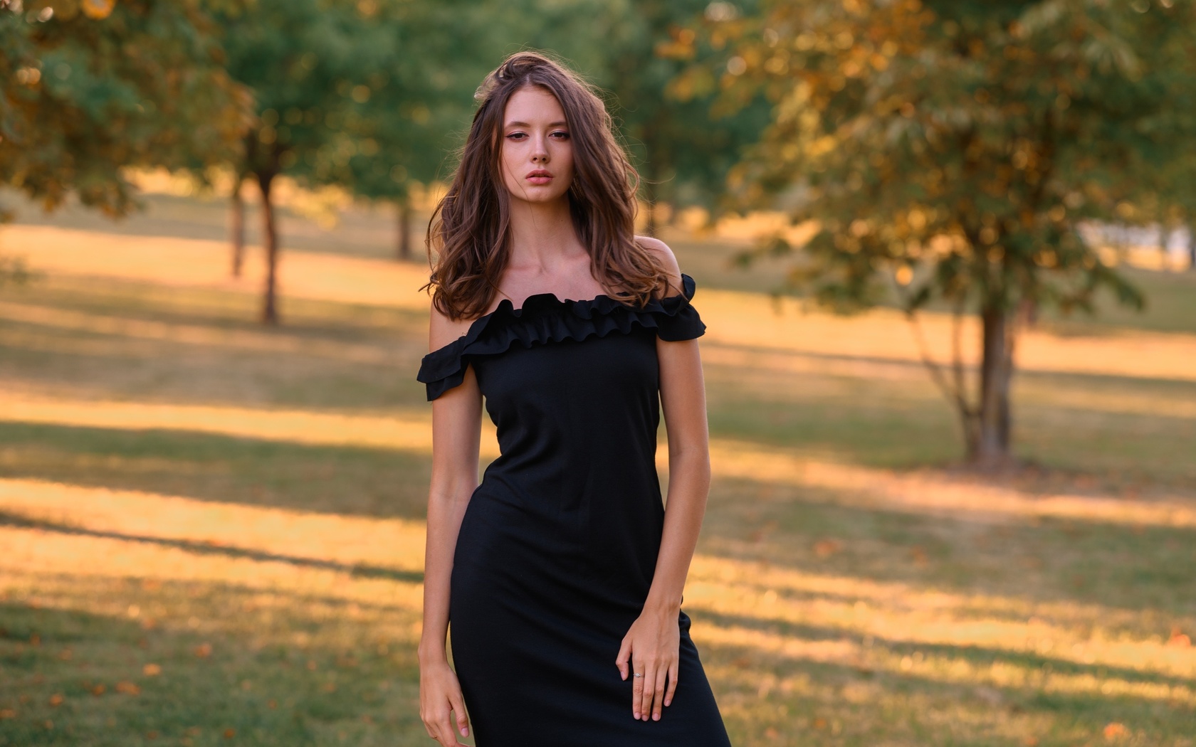 disha shemetova, black clothing, black dress, portrait, trees, bare shoulders, women