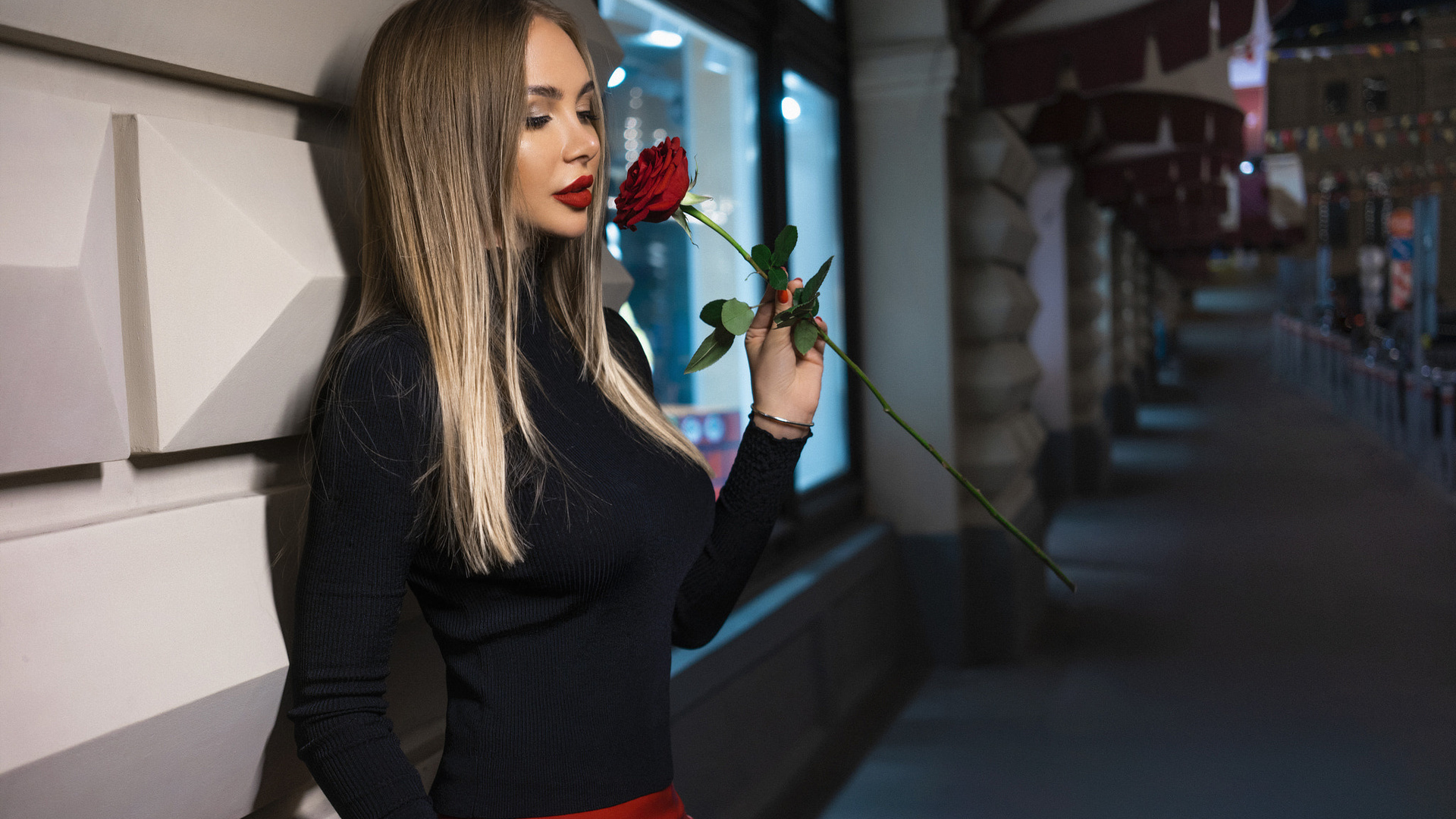 women, blonde, rose, portrait, ivan gorokhov, red nails, red lipstick