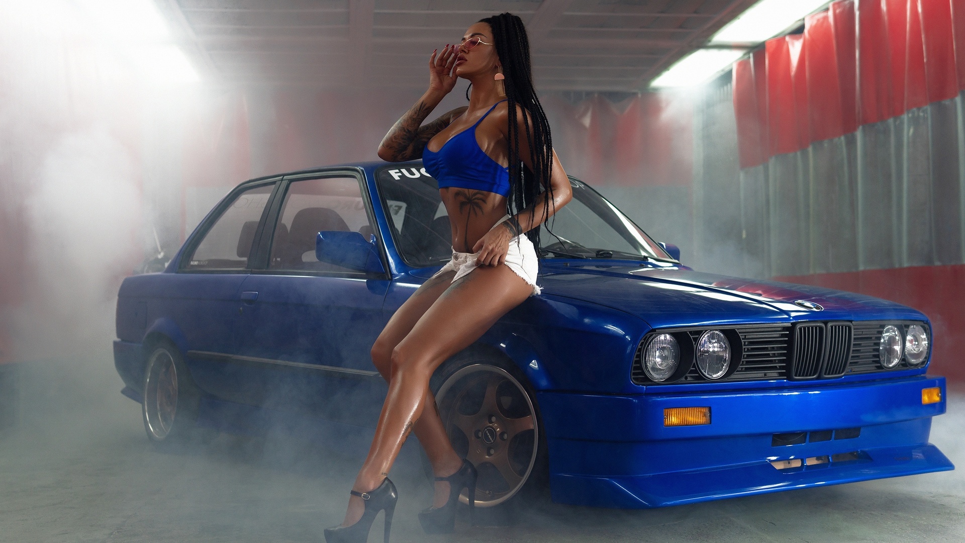 women, alex bazilev, smoke, tanned, jean shorts, high heels, long hair, belly, tattoo, women with cars, women with glasses