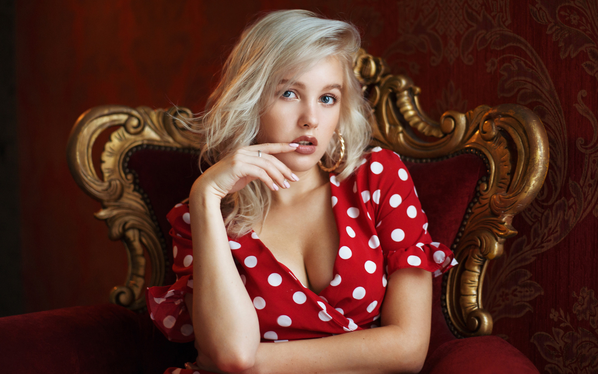 christina artemyeva, women, maxim maximov, blonde, polka dots, finger on lips, blue eyes, pink nails