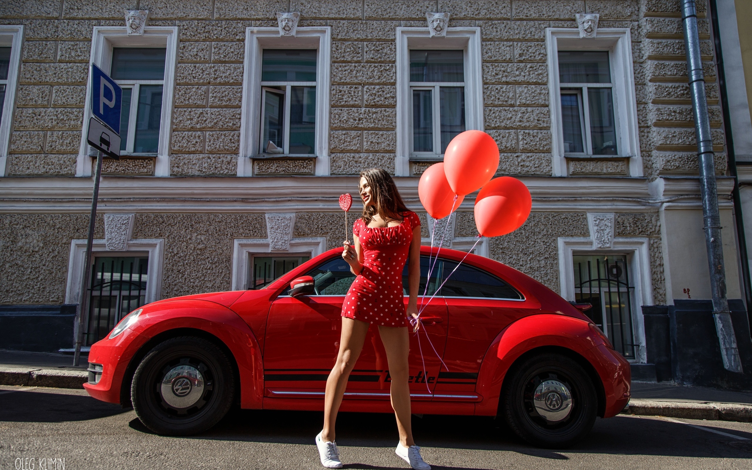 women, oleg klimin, balloon, polka dots, women with cars, red dress, sneakers, smiling