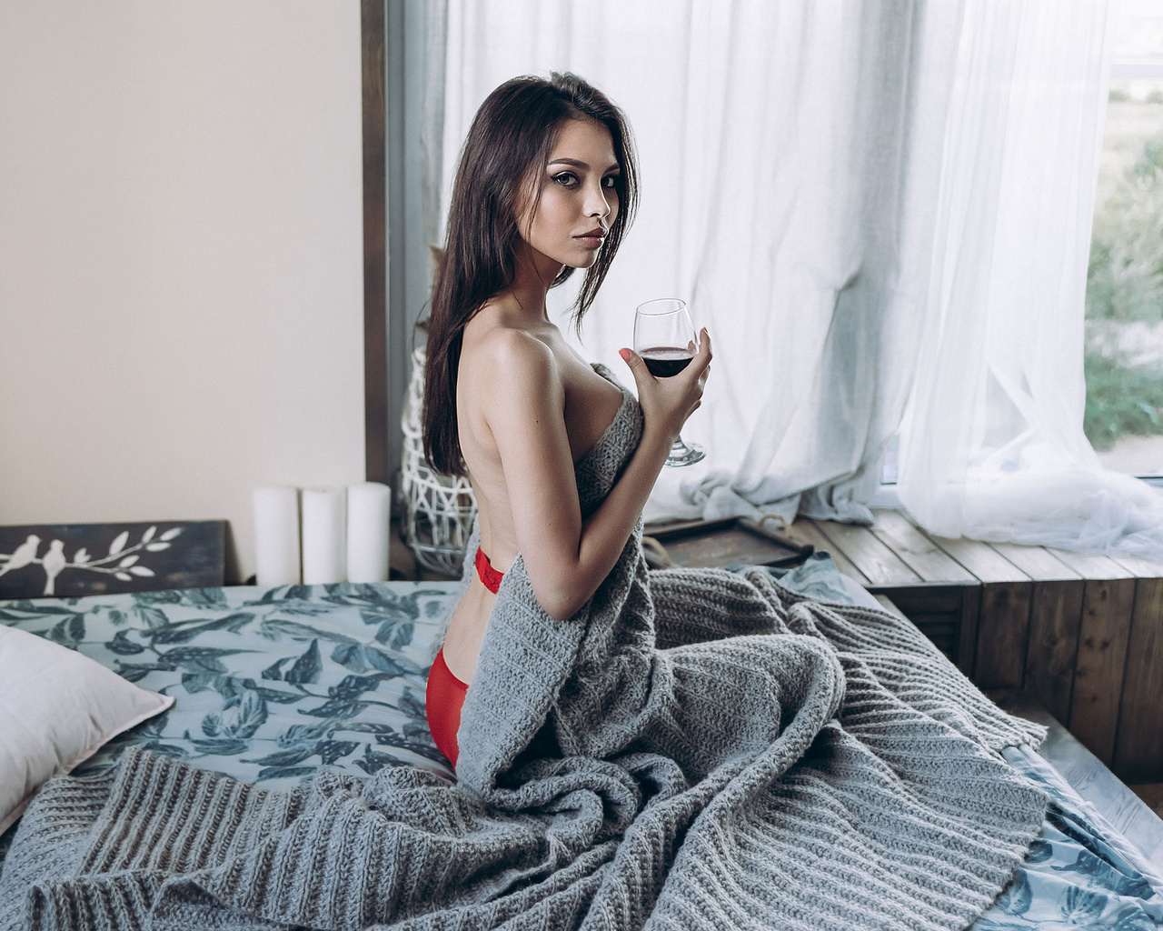 women, brunette, drinking glass, kneeling, in bed, red lingerie, boobs, wine, pillow, window