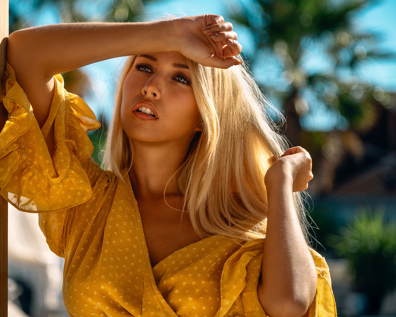 women, blonde, portrait, depth of field, yellow clothing