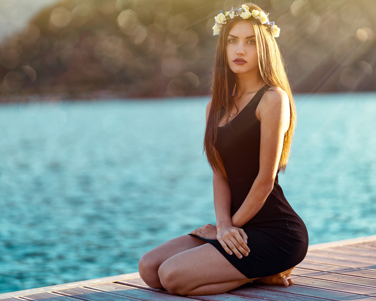 women, kneeling, marco squassina, bokeh, sea, black dress, long hair