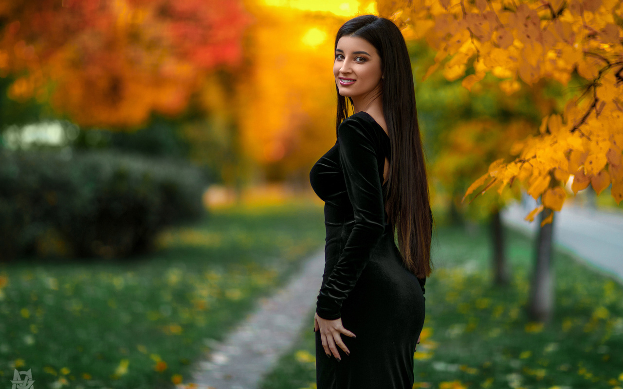 women, mihail gerasimov, tight dress, portrait, smiling, trees, leaves, grass, women outdoors, dress, long hair, painted nails, depth of field