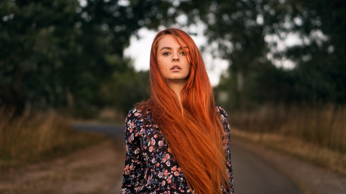 women, martin kuhn, redhead, long hair, road, portrait