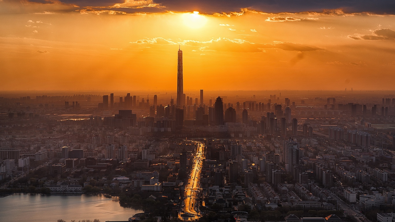 tianjin, sunset, panorama, cityscapes, asia, china